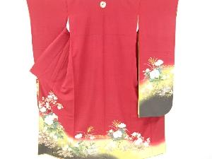 リサイクル　牡丹・桜・桔梗模様刺繍一つ紋振袖・長襦袢・袋帯セット